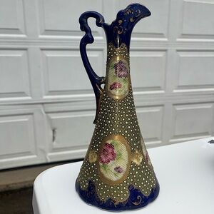Vintage Unmarked Nippon Hand Painted Ewer Jug Cobalt Blue Gold Flowers Moriage